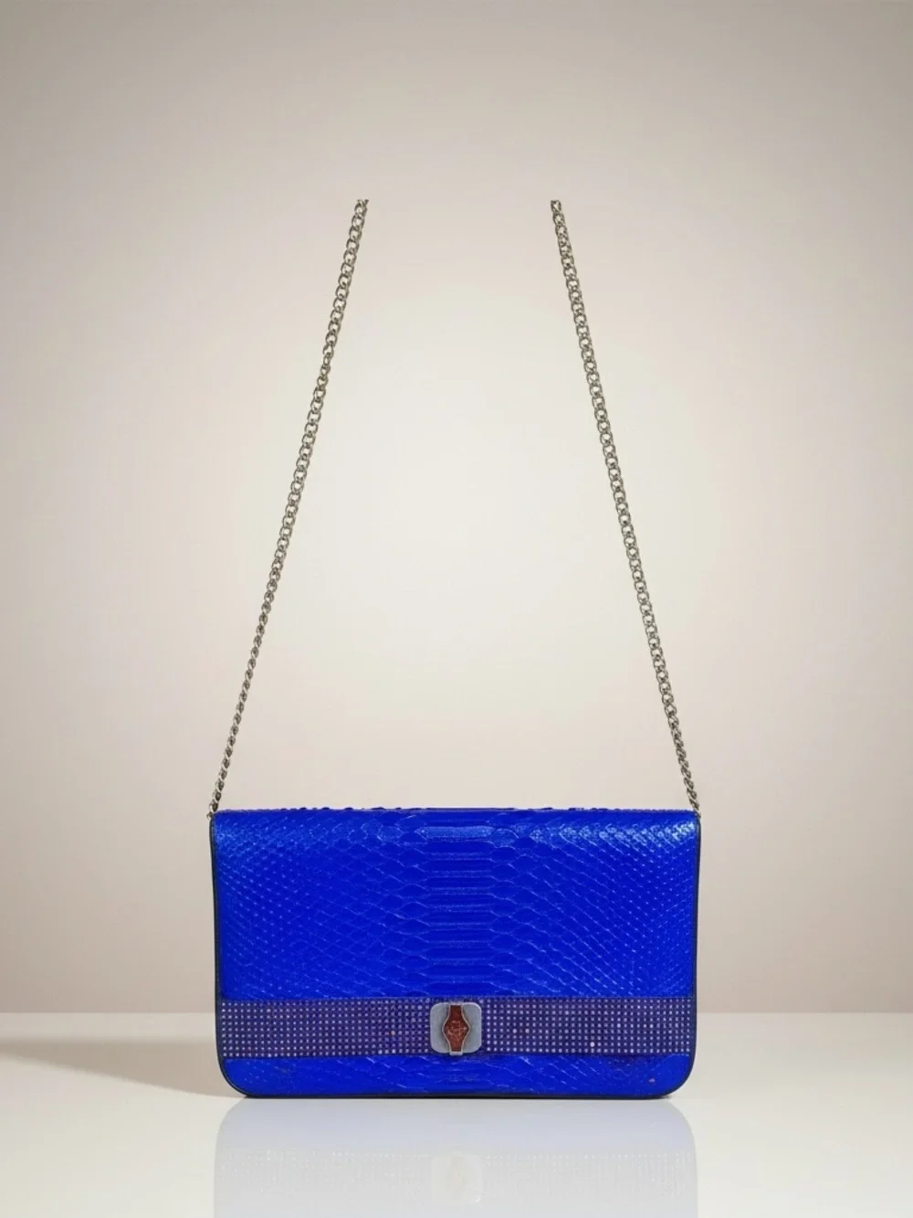 Christian Dior Python Clutch Blue Crystal Accent Chain Crossbody - Picture 3 of 5